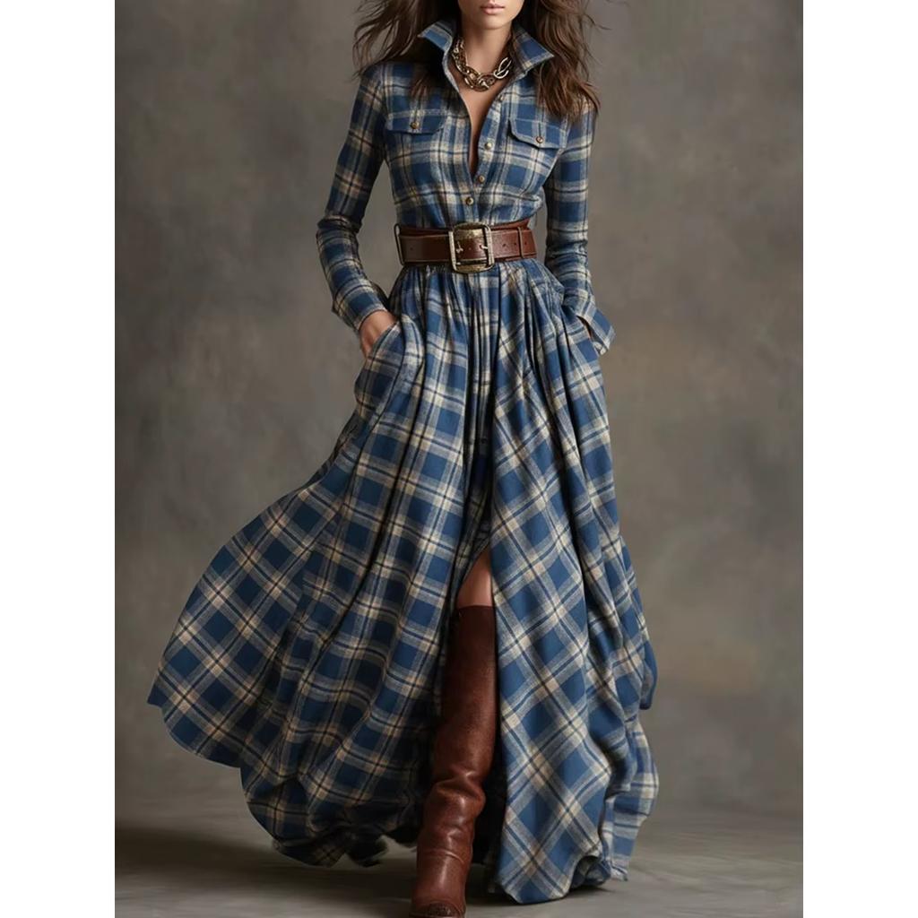 LYRIA French Women's Plaid Dress Shirt Button Cardigan Lapel Fashion Belt Pocket Irregular Design A-line Long Skirt for Female