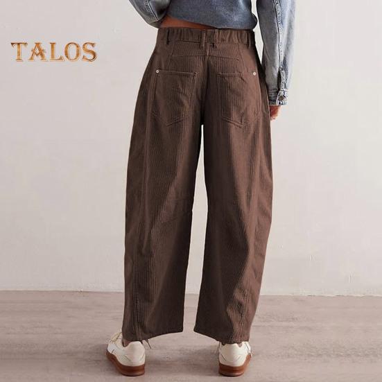 Women Corduroy Pants Elastic Waist Mid-rise Button Zipper Fly Wide Leg Casual Trousers with Pockets Solid Color Slacks