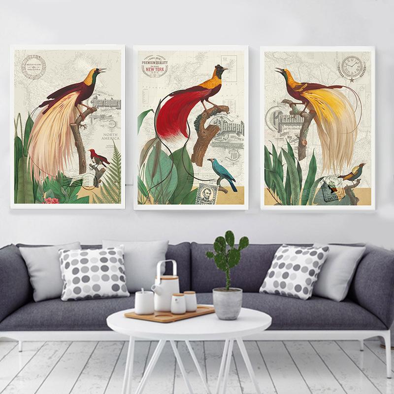 Pastoral Zoo Park Birds On Tree Animal Canvas Painting American Style Home Decor Wall Picture For Bedroom Background