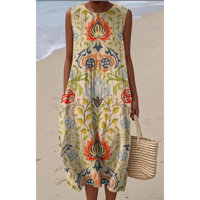 Summer new sleeveless pocket casual printing temperament long dress dress slim dress