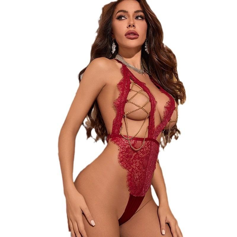 New Sexy Hollow Lace Split Chain Splicing Sexy Underwear Set