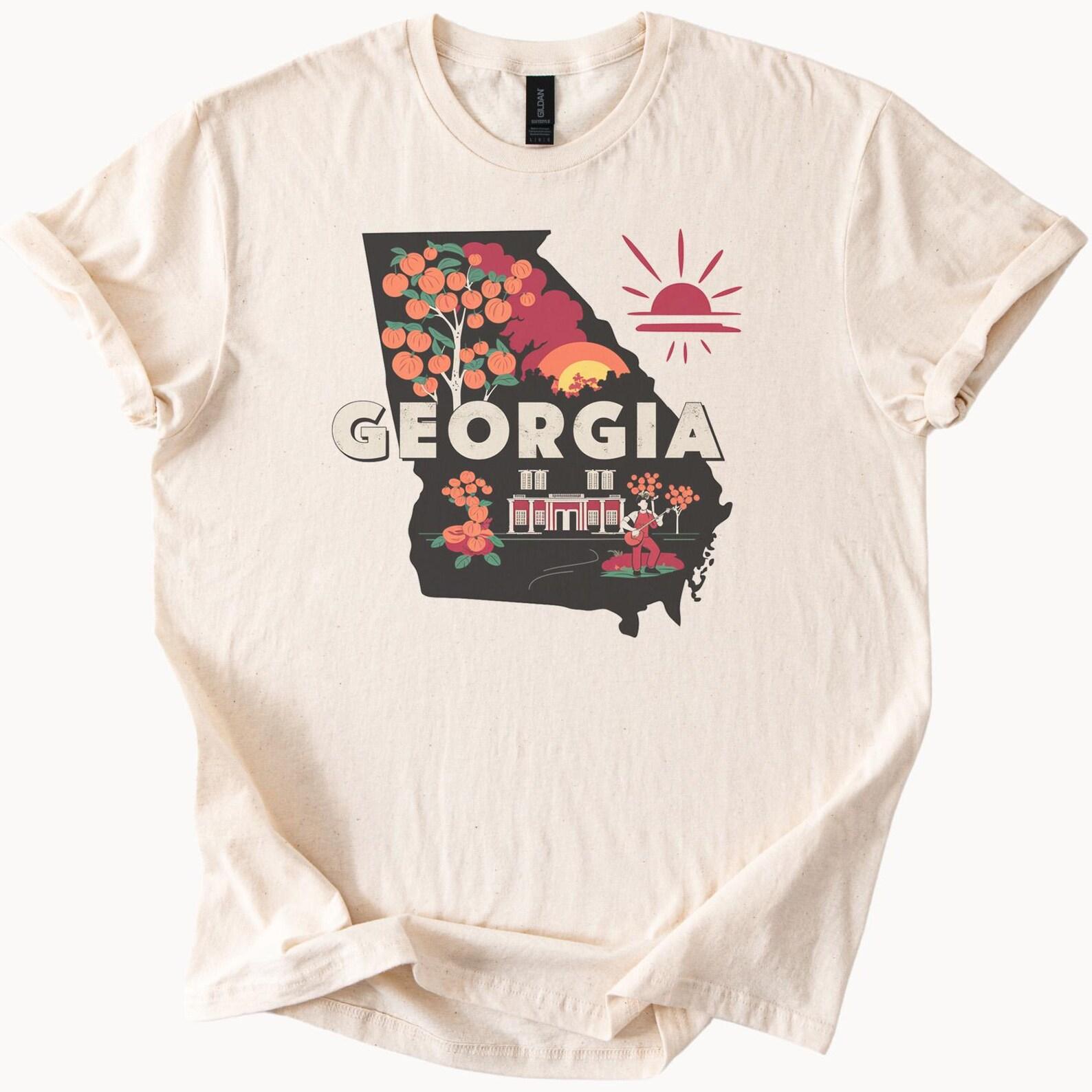 Georgia Peach State Graphic T Shirt with Peaches Southern Sunrise and Historic House Unique Georgia State Outline Shirt Gift Idea 150