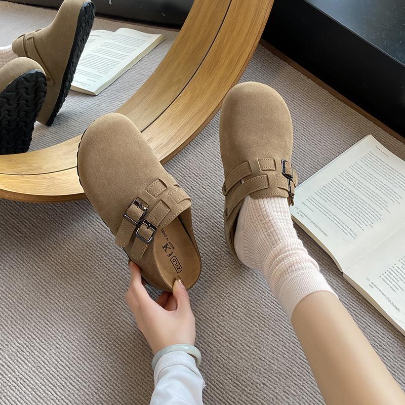 Fashion CRLAYDK Designer Women's Suede Footed Mules Buckle Adjustable Slip On Casual Soft Inner Increase Shoes Backless Walking Slippers