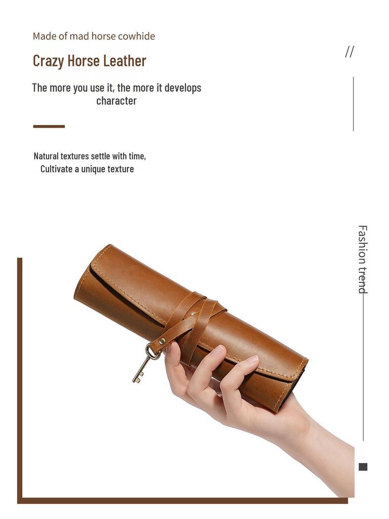 Reise Leder Roll-Up Stiftemäppchen - Crazy Horse Füllfederhalter, Bleistift & Kugelschreiber Halter