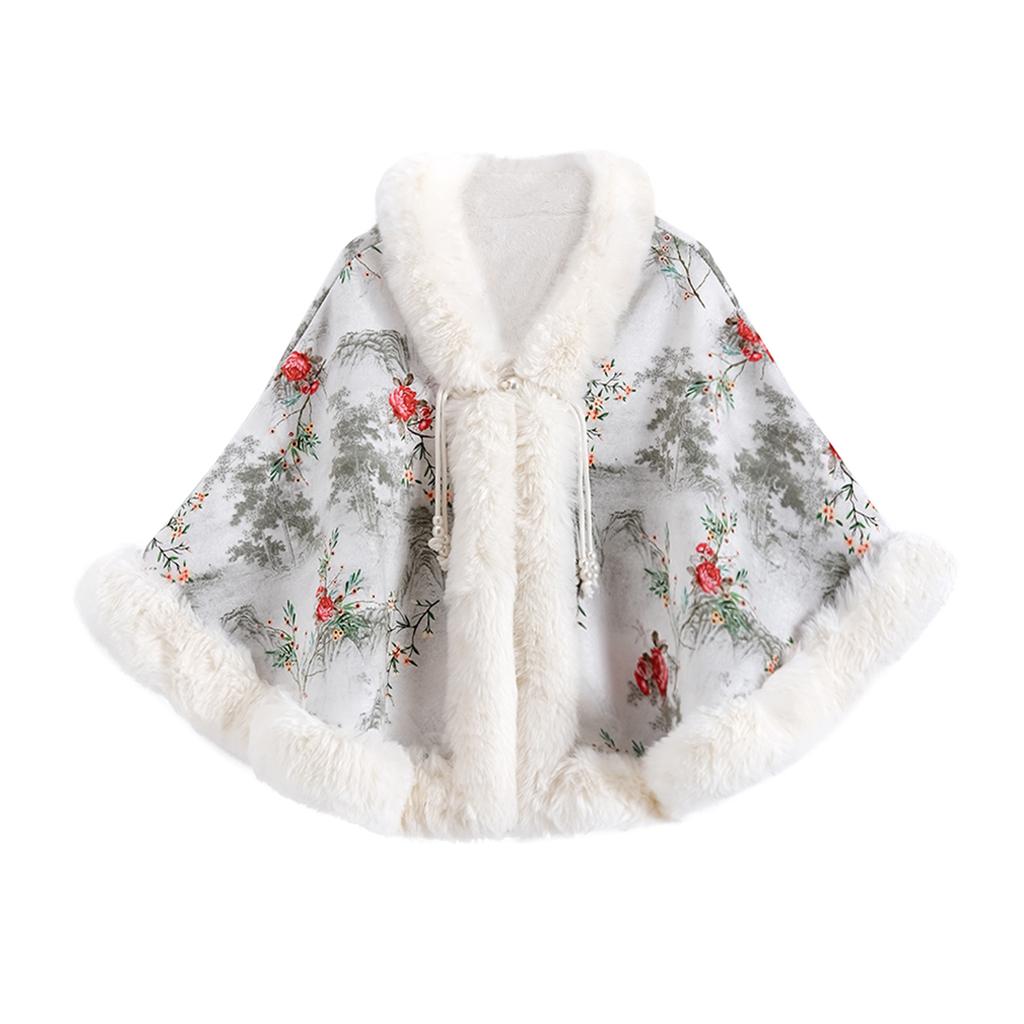 Ladies' Fashion Ink Printing Wedding Cheongsam, Baita Cloak Coat With Velvet Pan Button Shawl For Women