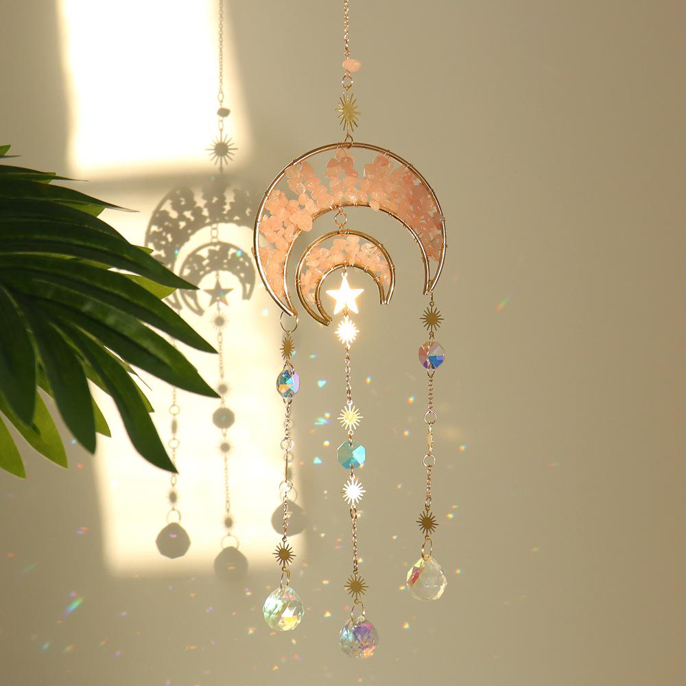 Natural Crystal Moon Pendant Sun Catcher Wind Chime for Home and Garden Decoration