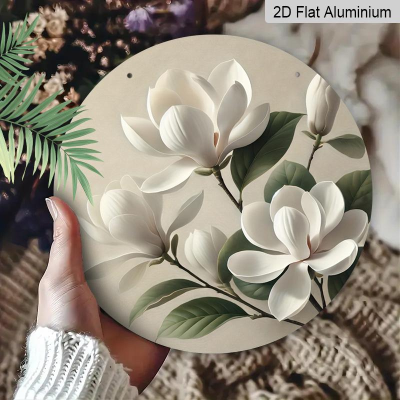 2D Flat 1pc, 8x8 in, Round Printed Aluminum Metal Signage, Magnolia Theme Decoration, Suitable for Door Decoration, Wall Decoration, Home, Room