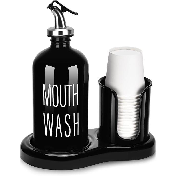 Mouthwash Dispenser for Bathroom with Cup Holder Detachable Glass Mouthwash Container 16 Oz,Refillable Mouth Washer Dispenser for Countertop