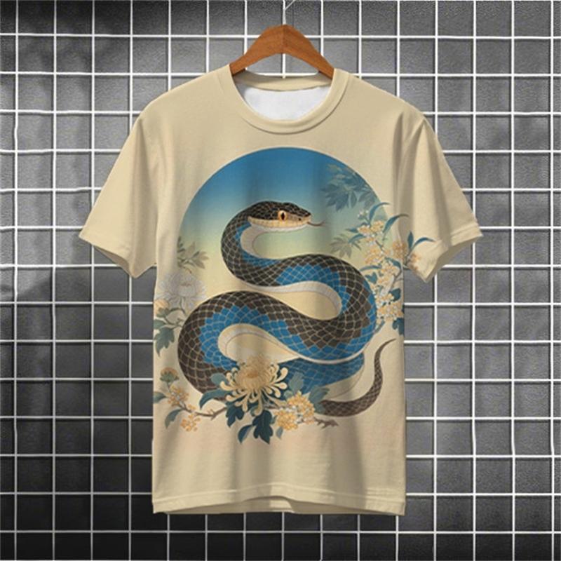 Cartoon Snake Pattern T Shirts For Men Summer Fashion Streetwear 3D Printed Ukiyo-e T-shirts Cool Oversized Crew Neck Tees Tops