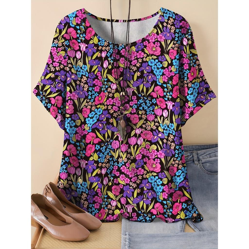 Summer Round Neck 3D Flower Pattern Print Top Fashionable Casual Short Sleeved Women's T-shirts