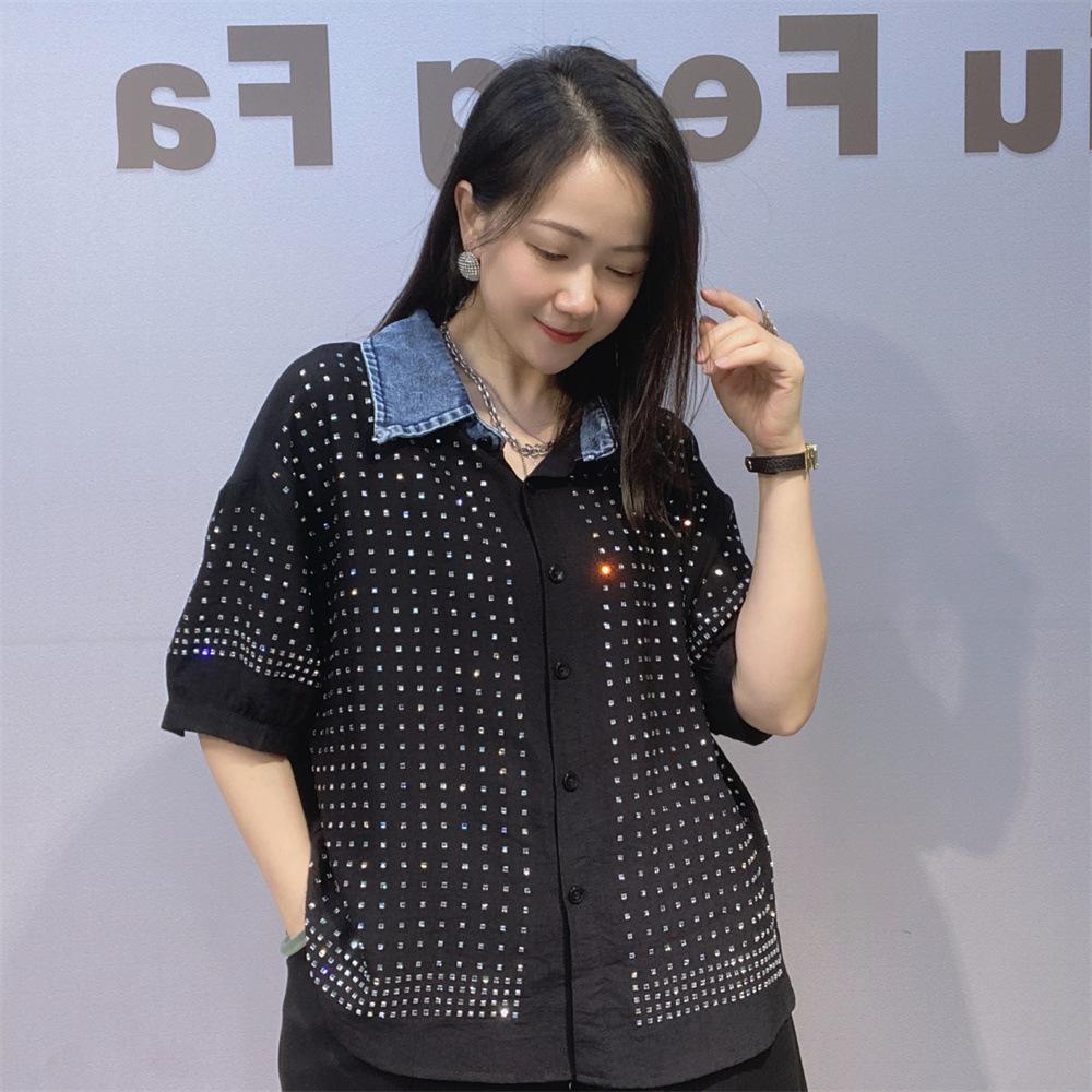 

Heavy-duty Sequined Denim Patchwork Short-sleeved Blouse for Women - Summer Loose-fitting Fashionable Large-sized Top One size чёрный