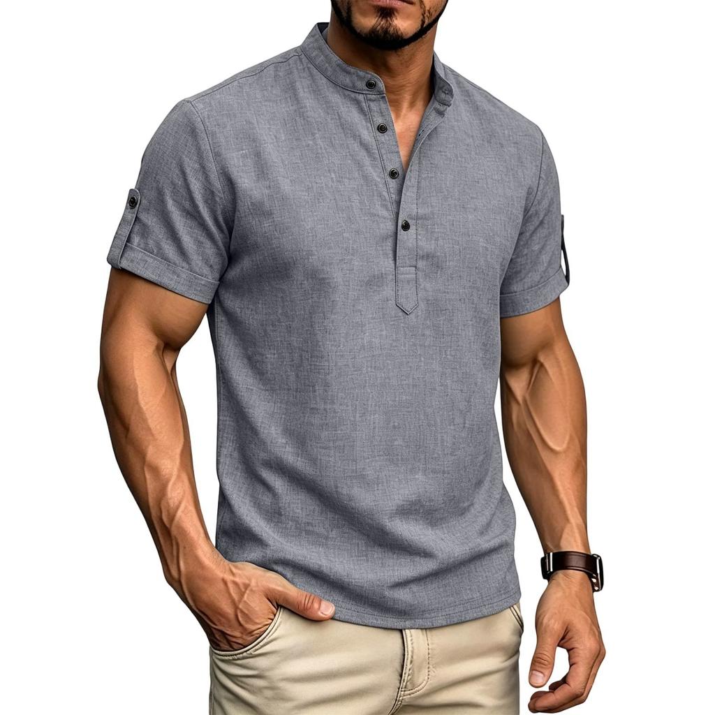 Herren Freizeit Henley-Shirt Kurzarm Geknöpfter Kragen Leichtes Atmungsaktives Gewebe Sommer Oberteil für den Alltag