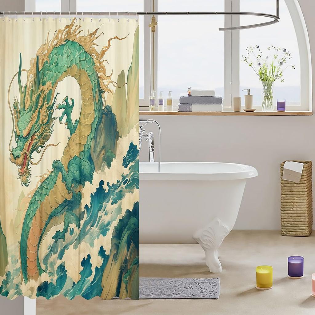 Erosebridal Dragon Bathroom Shower Curtain Sets Japanese Style Shower Curtain For Kids Boys Girls Ocean Wave Fabric Shower