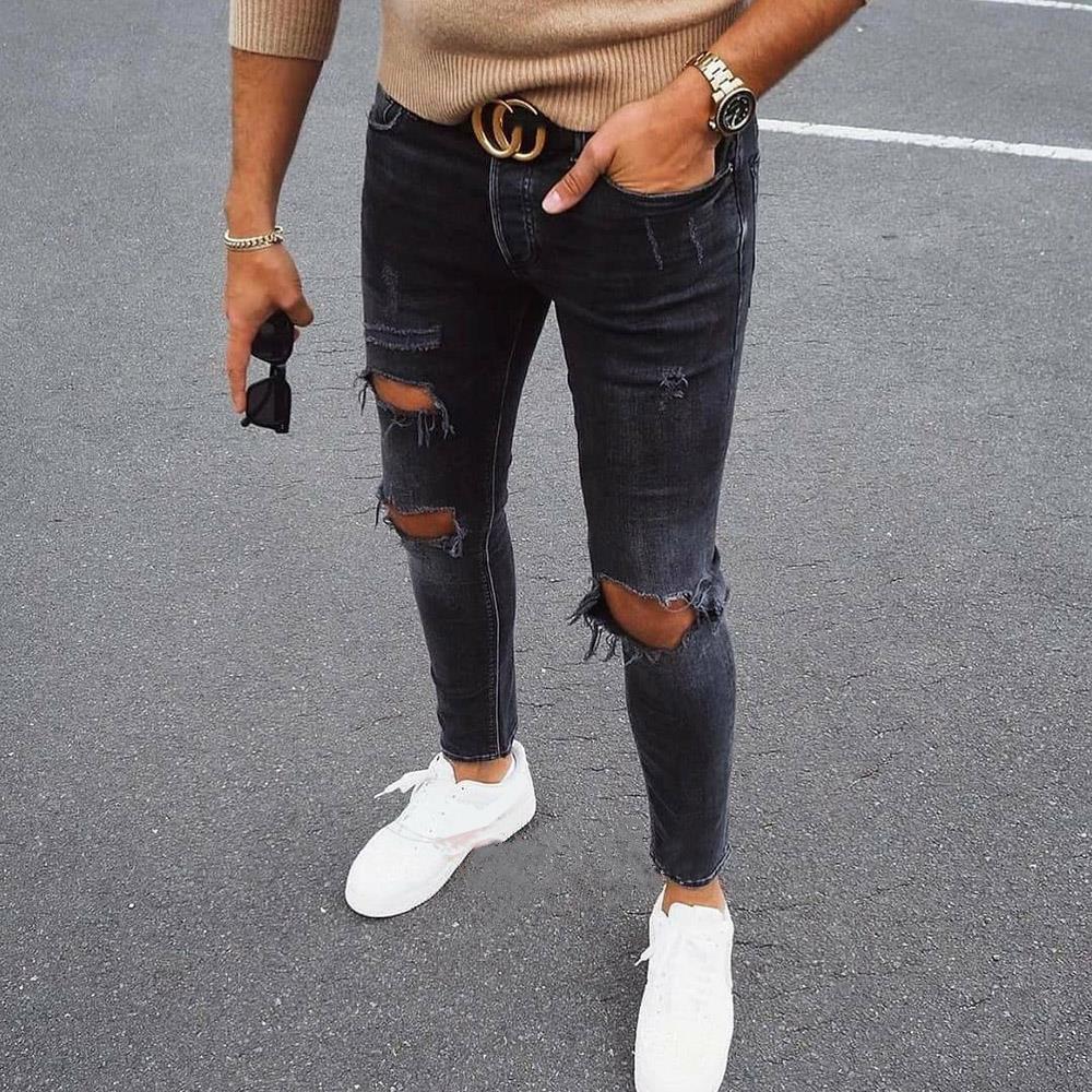 Men's Jeans Trendy Knee Breaks Zipper Calf Pants Torn Mens Denim Trousers