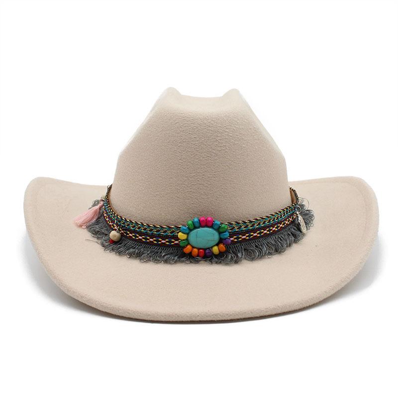 Ethnic Style One-Word Top Cowboy Top Hat, Rolled-Brimmed Felt Hat, Men'S And Women'S Outdoor Western Cowboy Top Hat, Woolen Jazz Hat