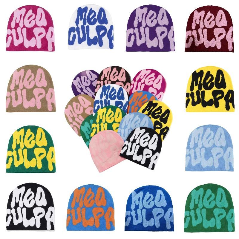 Mea Culpa Trendy Letter Print Beanies Knit  Hat Streetwear Cap Outfit Women Girl