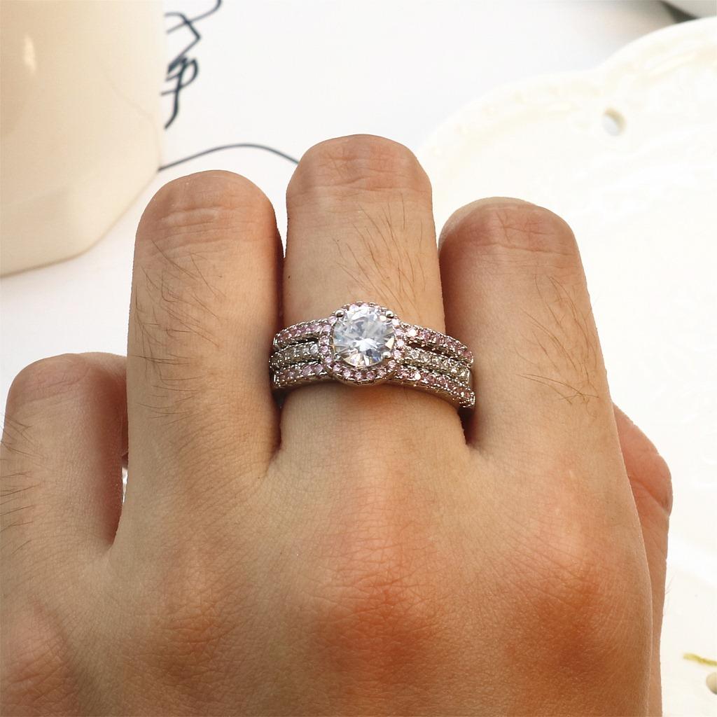 European And American Trend Three -Piece Powder Diamond Ring Female Crystal Vermiculite Hand Ornaments