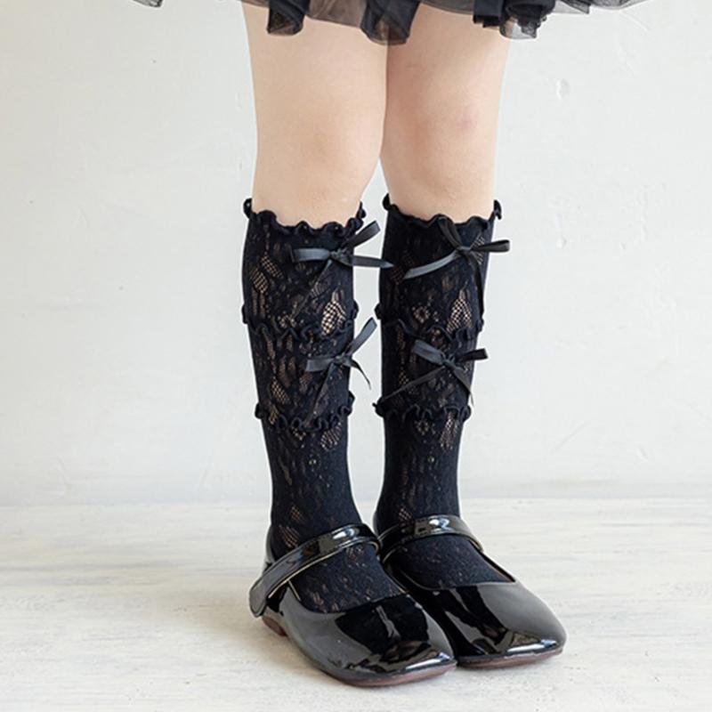 Cotton Girls Socks, Spring Thin Style In Tube Socks 3-Layer Lace Bowknot Charm Stackable for Kids 3-13T