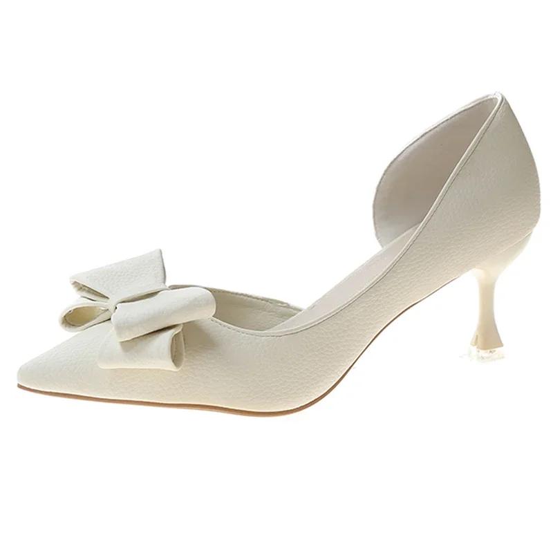 

Blue Bowtie Thin Heeled Pumps Women 2024 Autumn PU Leather Slip On High Heels Shoes Woman Pointed Toe Party Shoes Mujer 34 бежевый