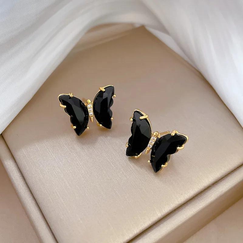 Crystal Glass Butterfly Stud Earring for Women Hole Green Transparent Animal Jewelry Christmas Girl Gift