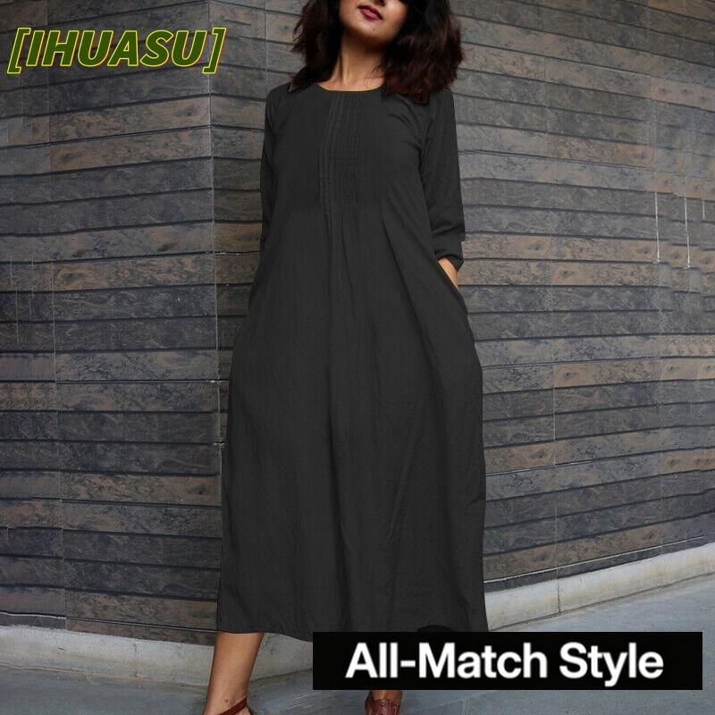 IHUASU Fashion Spring Autumn Solid Color Print O-Neck Long SleeveCasual Dresses