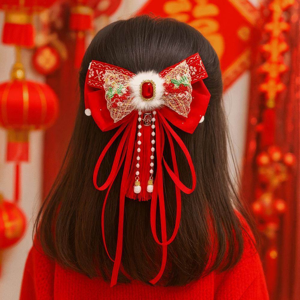 Red Bow Ribbon Hair Clip Tassel Hanfu Hair Ornamen Cute New Year Hairpin  Festival