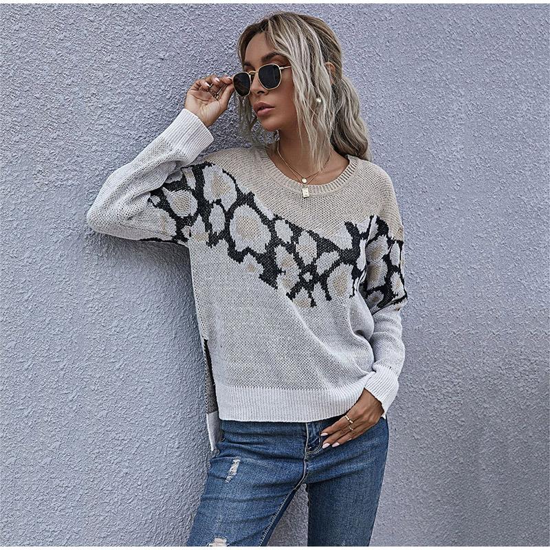 Leopard Gedruckt Frauen Pullover Casual Herbst Winter Knitted Schwarz Weiß Patchwork Langarm Lose Pullover