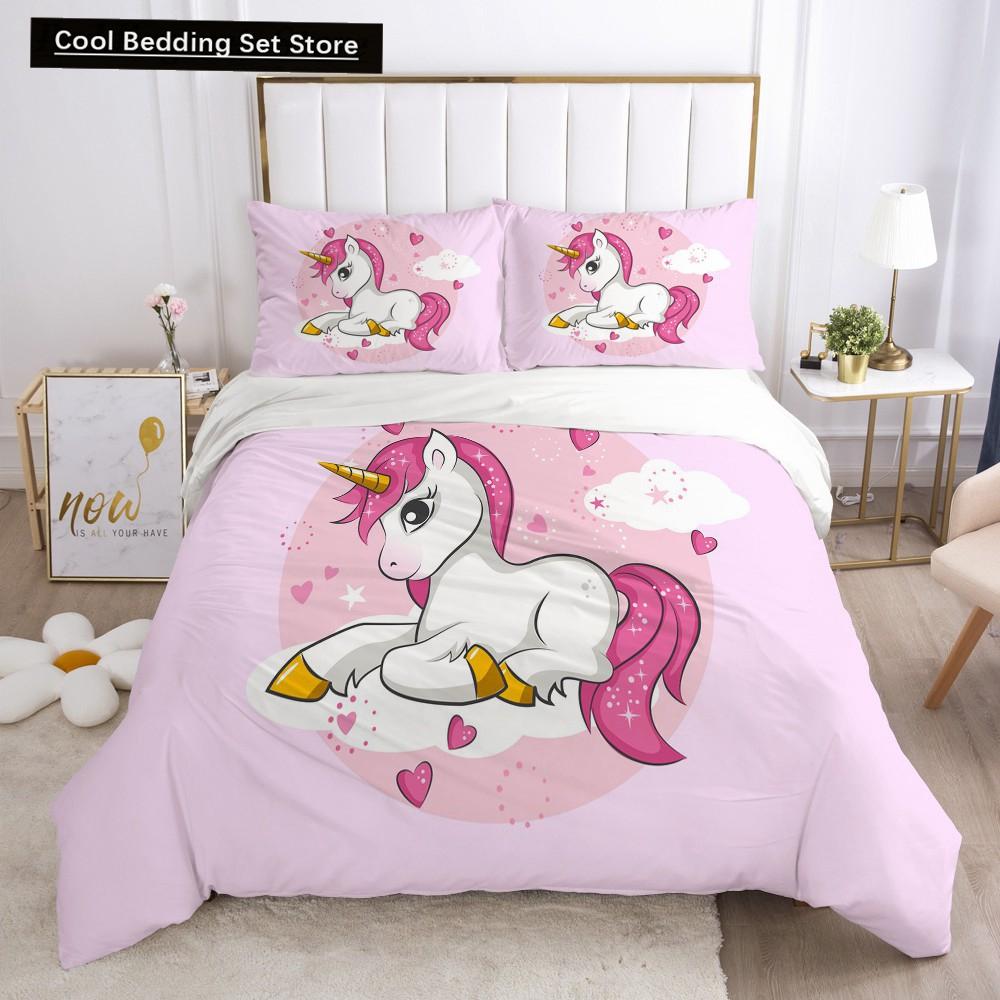 Children Kids Baby Pink Bedding Set Queen King Cartoon Unicorn White Duvet Cover Twin Full Colorful 2/3pcs Polyester Quilt Cover