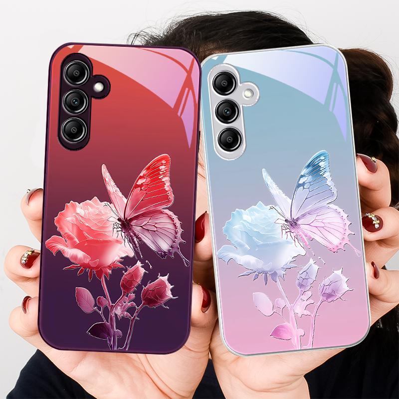 Glass Phone Case For Samsung Galaxy A01 A02 03 Core A04 A14 4G A13 54 34 31 20 25 23 22 5G S21 Ultra S20 Butterfly Gradient Blue