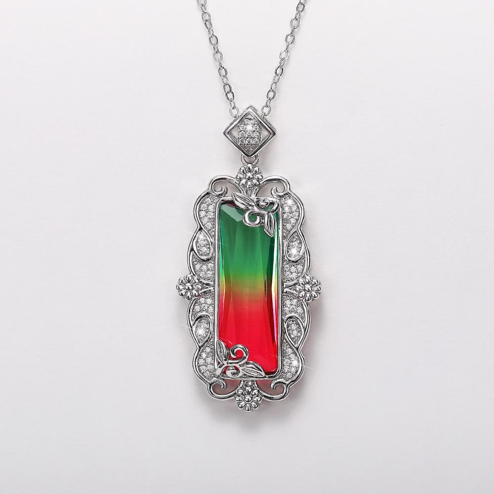 Silver Plated Marquise Cut Gradient CZ Pendant Necklace, Ornate Floral Vintage Cable Chain Necklace for Women