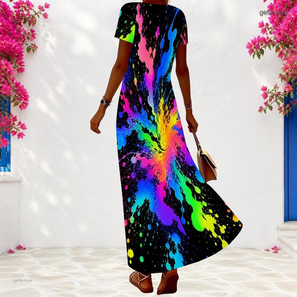 Women Plus Size V Neck Short Sleeve Dark Abstract Printed Maxi Dress