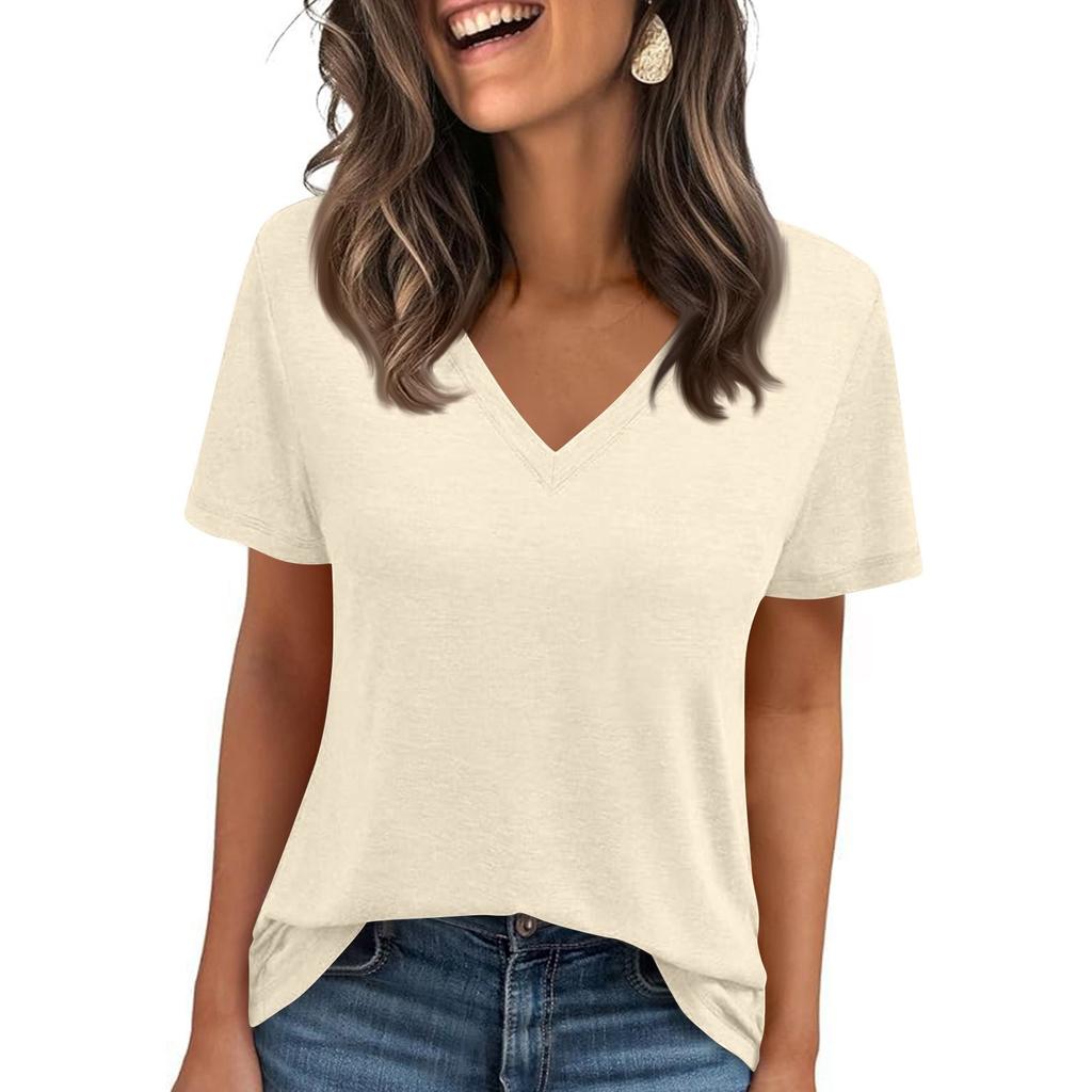 Womens' Fashionable And Casual Solid-color Basic V-neck Short-sleeved Top