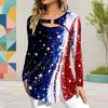 Women Plus Size Keyhole Ring Neck Long Sleeve Flared Hem Red Blue White Star Stripe Printed T Shirt