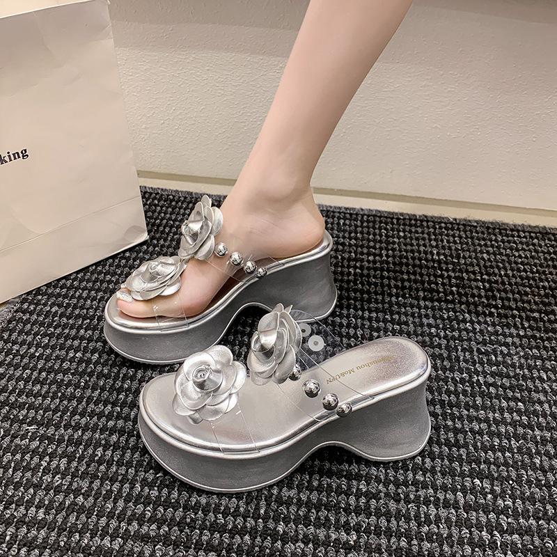 2025 summer new handmade DIY flower women one-word drag slope heel non-slip cool slippers summer new beach