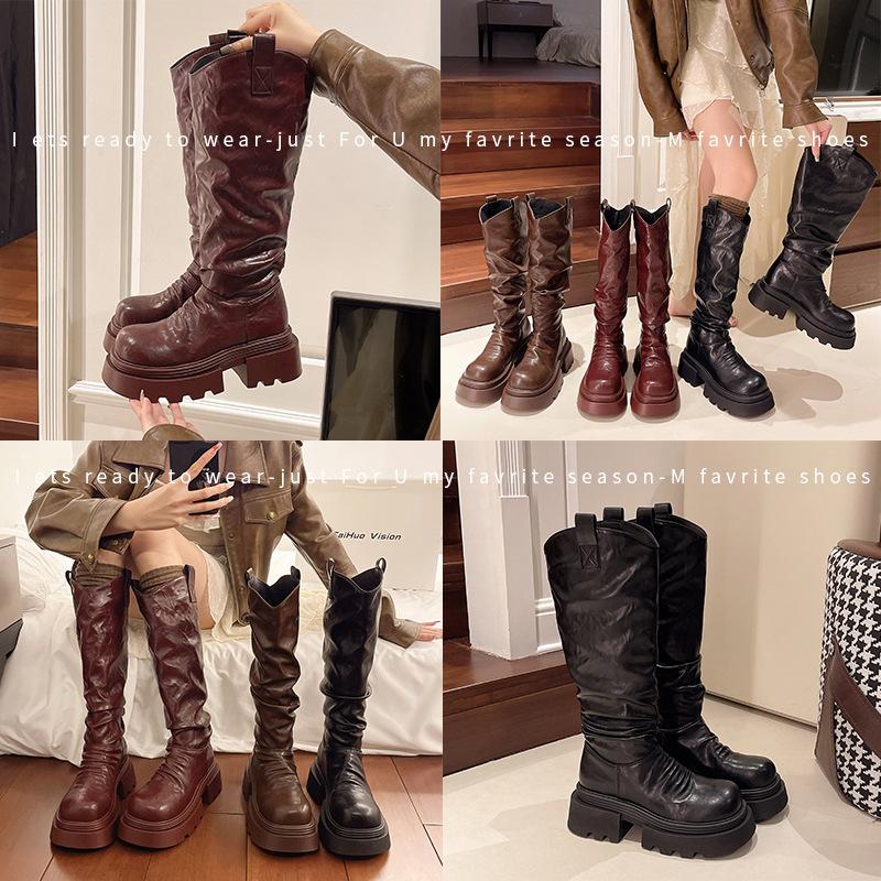 V-mouth pleated stacked high boots women's 2025 autumn and winter new British style but knee fashion and comfortable knight boots INS