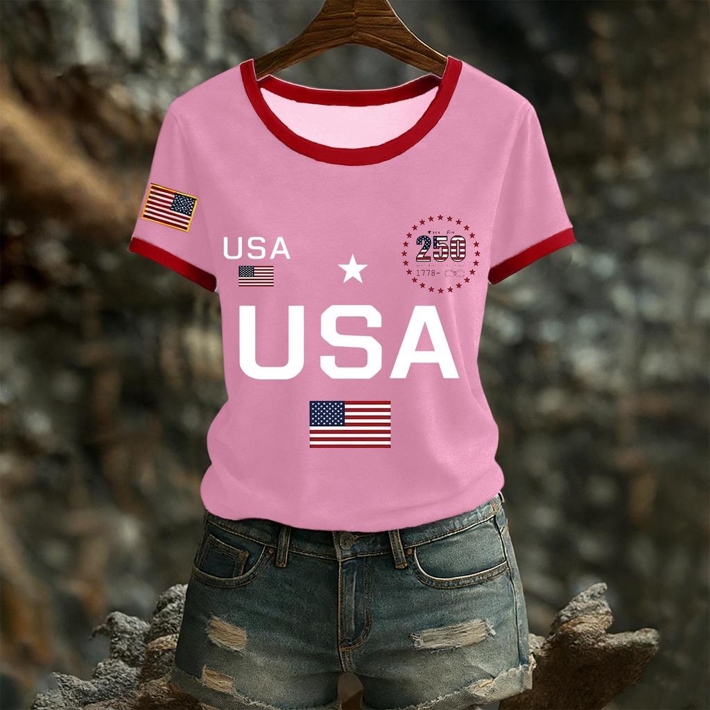 Women's Casual Round Neck Short Sleeve Pullover Printed T-Shirt Top