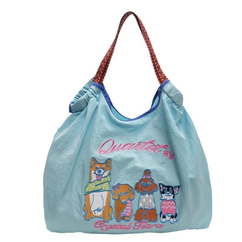 Cartoon Cute Embroidery Bag Women's Spring and Autumn Shopping Bag Casual Portable Shoulder Bag Simple and Versatile Large Capacity