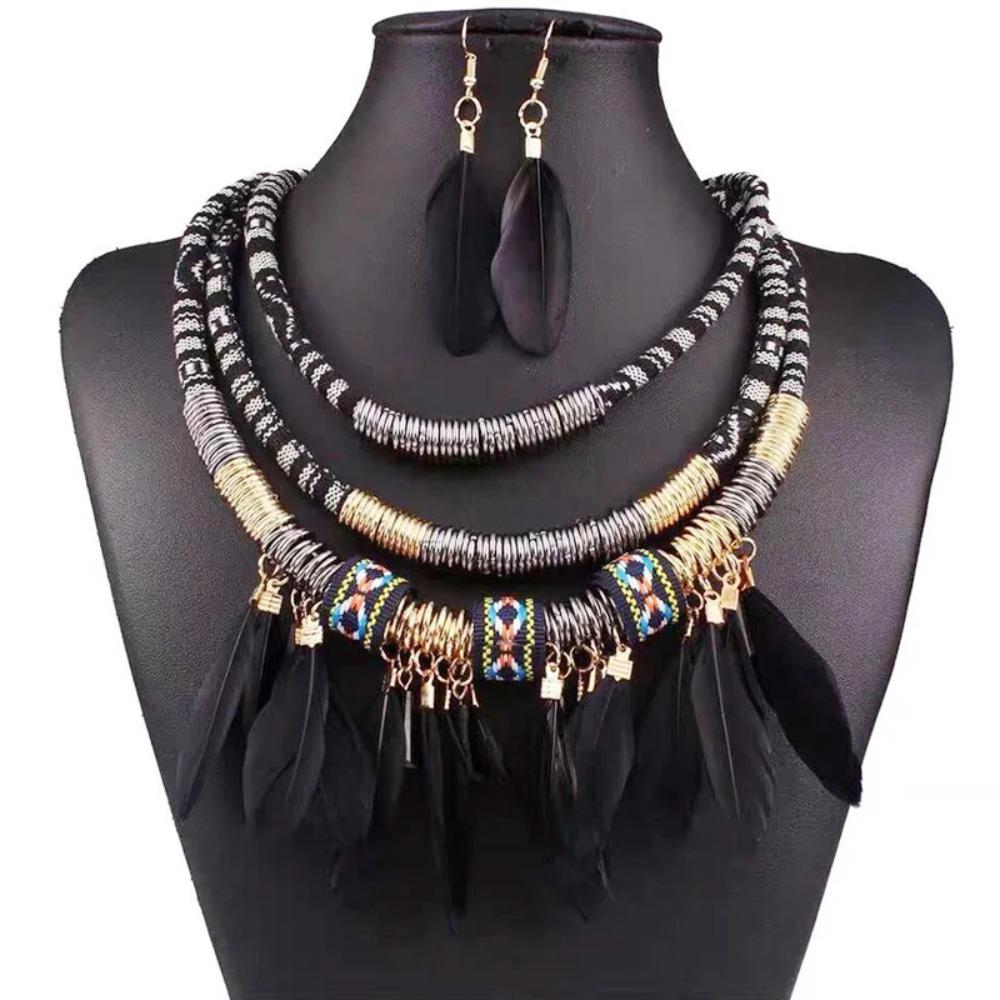 Metal Ethnic Necklace Hand Woven Necklace Earrings Set Vintage Feather Choker  Women