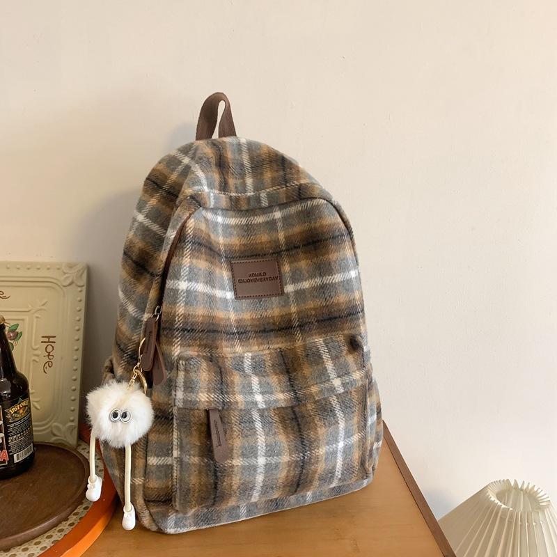 Schultaschen-Rucksack für Damen, wollener Herbst/Winter neuer Mittelschulrucksack, einfacher karierter Reiserucksack, Schulranzen im College-Stil