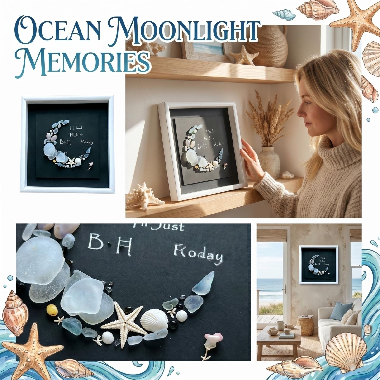 

Sea Glass Moon Framed Wall Art, Coastal Beach Art With Inspirational Quote, Ocean Themed Home Decor For Bedroom & Living Room One Size