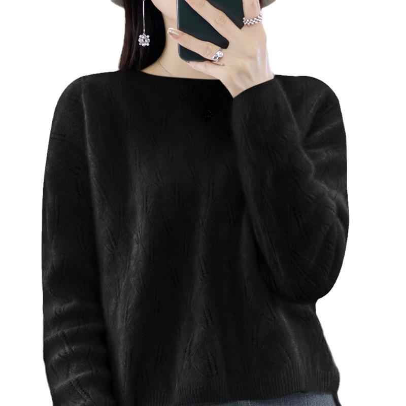 2023 Women's Long Sleeve Wool Knit Pullover - Loose Fit, Round Neck, Solid Color, Autumn/Winter Jacquard Style