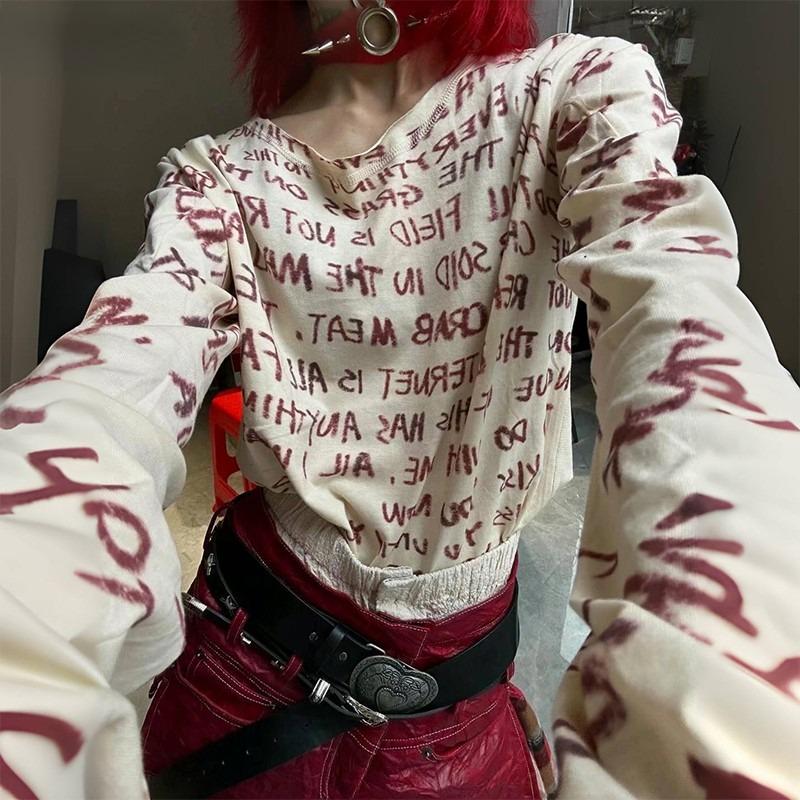 

Топы в стиле гранж-эстетика с буквенным принтом, винтажная футболка с длинными рукавами в стиле панк, готическая футболка с потертостями Y2k Alt, уличная одежда в стиле эмо L бежевый