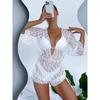 Long Sleeve Mesh Girdle One-Piece Swimsuit Women's High Waist Printed Drawstring Bikini High Waist Skinny