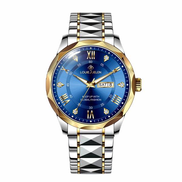 LOUIE JUELEN  Business Men's Gold Stainless Steel Watch Strap Waterproof Dual Calendar Mechanical Quartz Simple Pointer Watch