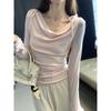 Long-sleeved T-shirt for Women's Spring and Autumn New Pink Wavy Collar with Spice Girl Pure Desire Slim-fit Girl Top Bottom Shirt