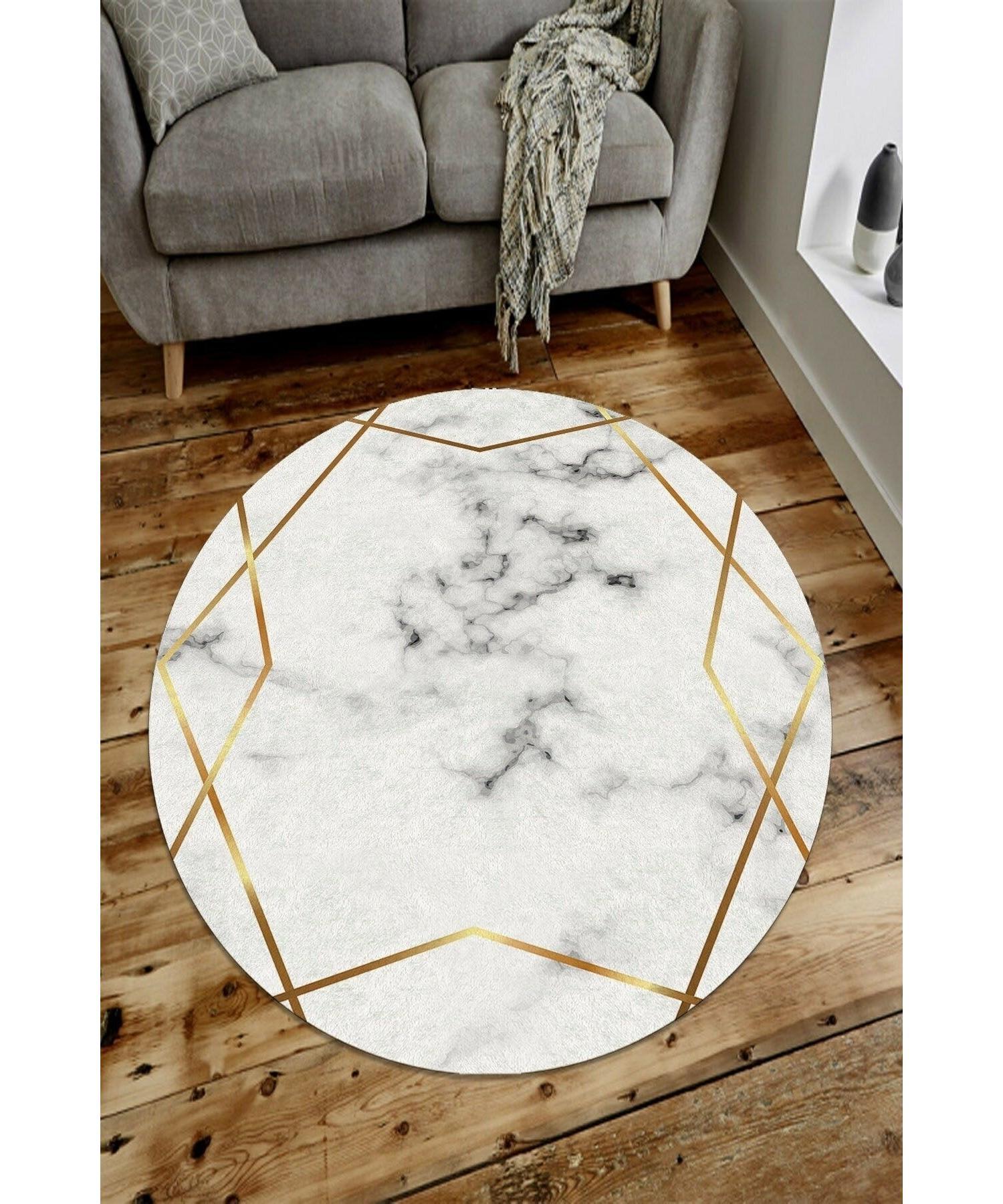 

Цифровая печать Нескользящая точечная основа Машинная стирка Золотой полосатый круглый ковер -200