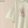 ZANZEA Women Casual Turn Down Collar Loose Cartoon Print Short Sleeve Blouse