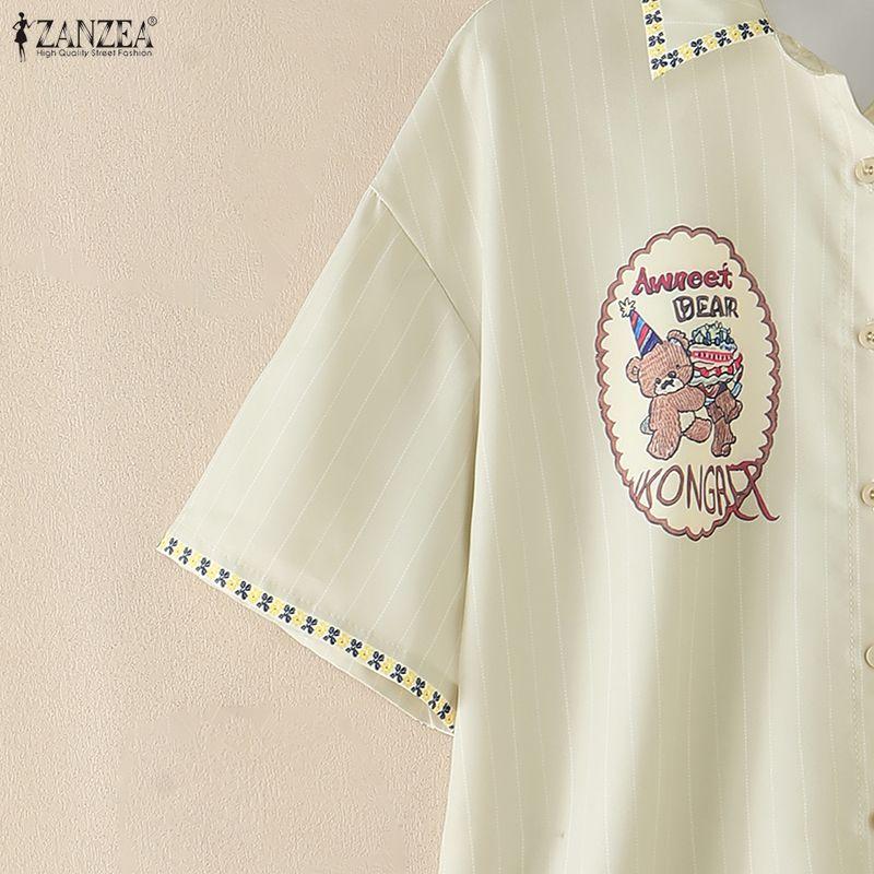 ZANZEA Women Casual Turn Down Collar Loose Cartoon Print Short Sleeve Blouse