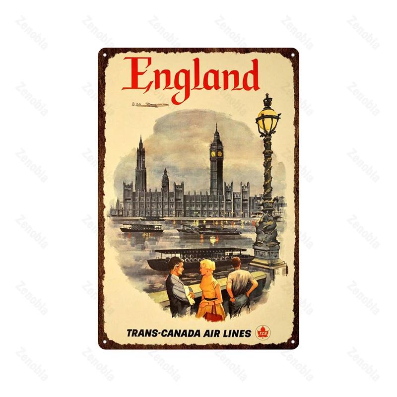 Paris Roma England City Metal Sign Vintage Metal Plaque Travel Tin Poster Scenic Decor for Bar Home Wall Decor Landscape Plat