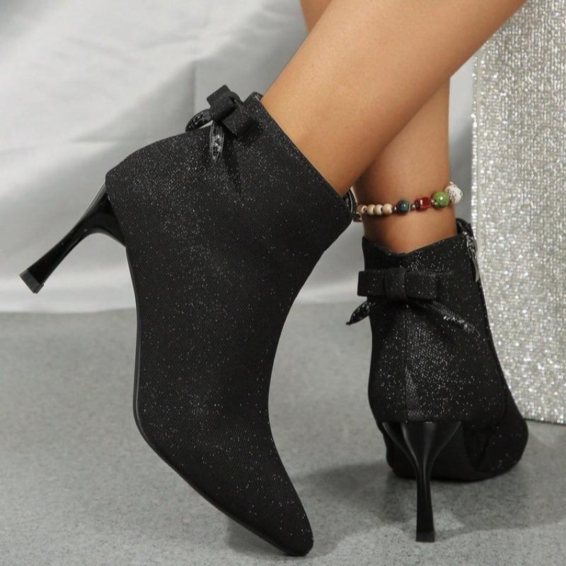 Mode Schleife High Heels Damen Bling Kurze Stiefel Mode Spitzschuh Komfortschuhe 2025 Winter Neu Elegant Chelsea Stiefeletten Kleid Pumps